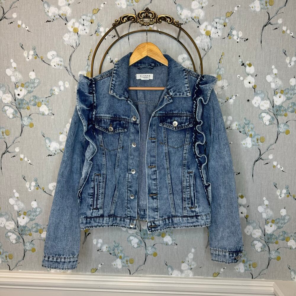 Ci Sono Denim Button Up Jacket with Shoulder Ruffle Accents - Size Large